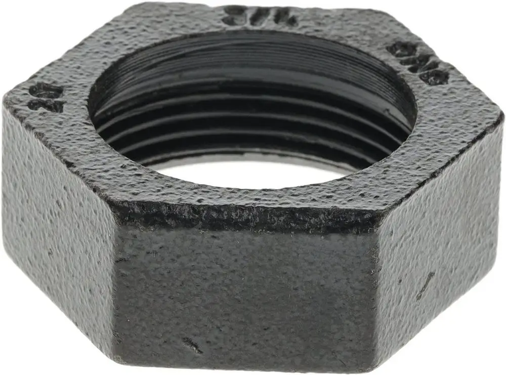 Schwarze sechseckige Überwurfmutter aus Metall mit Innengewinde, geeignet für Rohrverbindungen. Produkt von Bosch.